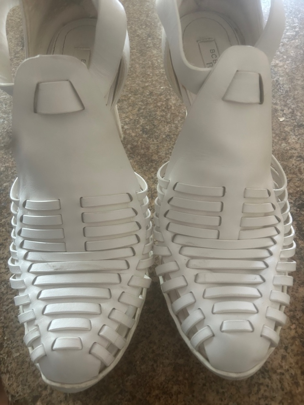 BCBG White Woven Leather Ankle-Strap Sandals - Picture 6 of 6